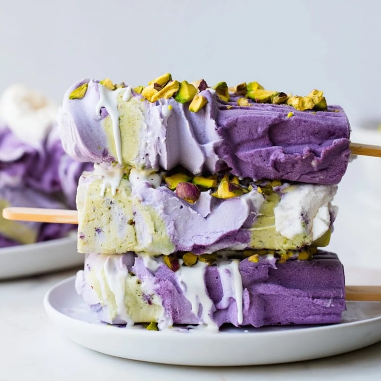 Refreshing Ube & Pistachio Ice Cream Bars displayed on a wooden board for summer.