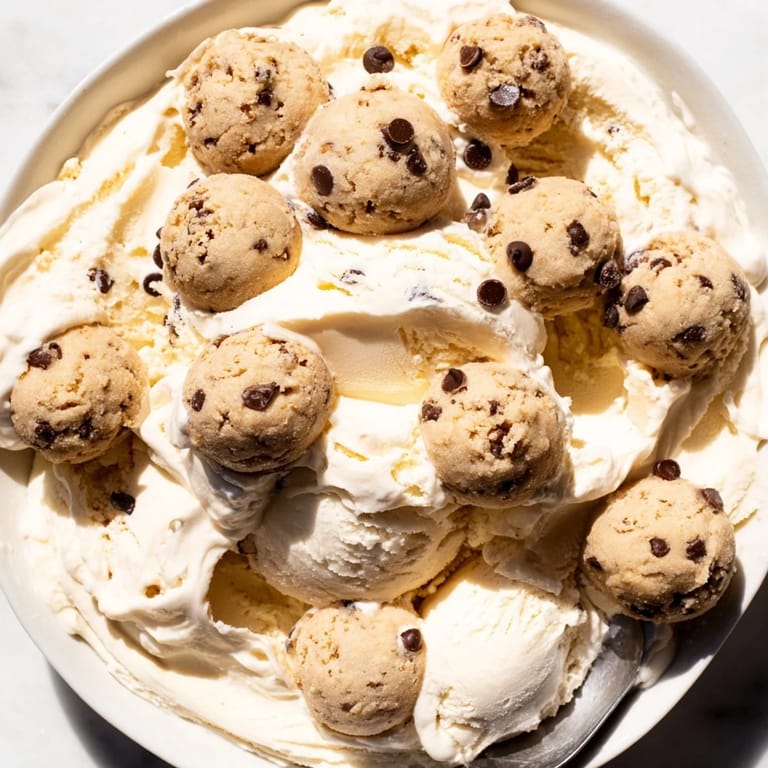Chilled cottage cheese ice cream topped with delicious mini chocolate chip cookie dough.  