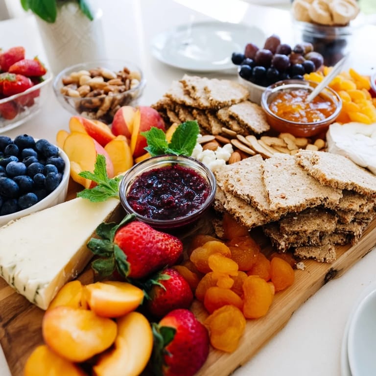 Indulge in a jam-infused brunch board with creamy cheeses and sweet jams.