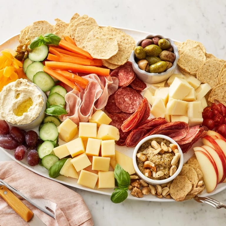 Vibrant girl dinner platter showcasing fresh snacks, cheeses, and tasty sauces for sharing.  