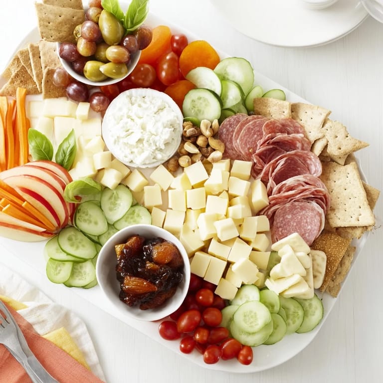 Delicious girl dinner platter featuring an array of cheeses, fruits, and crunchy snacks.