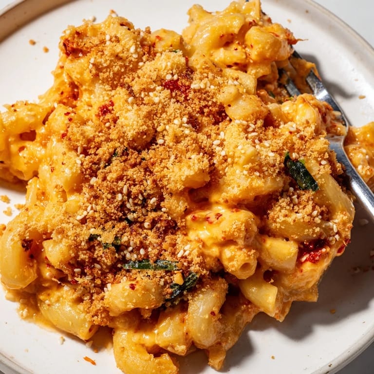 Creamy Spicy Kimchi Mac & Cheese bursting with flavor and melted cheese goodness.