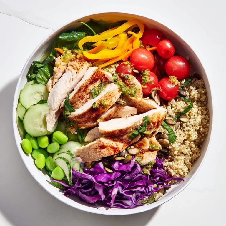 Satisfying healthy meal-prep bowls topped with zesty dressing and crunchy pumpkin seeds.