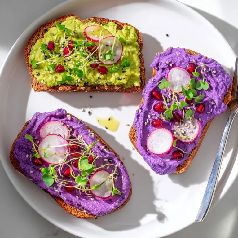 Delicious fusion breakfast toasts with toasted sourdough, ube, and radish slices.