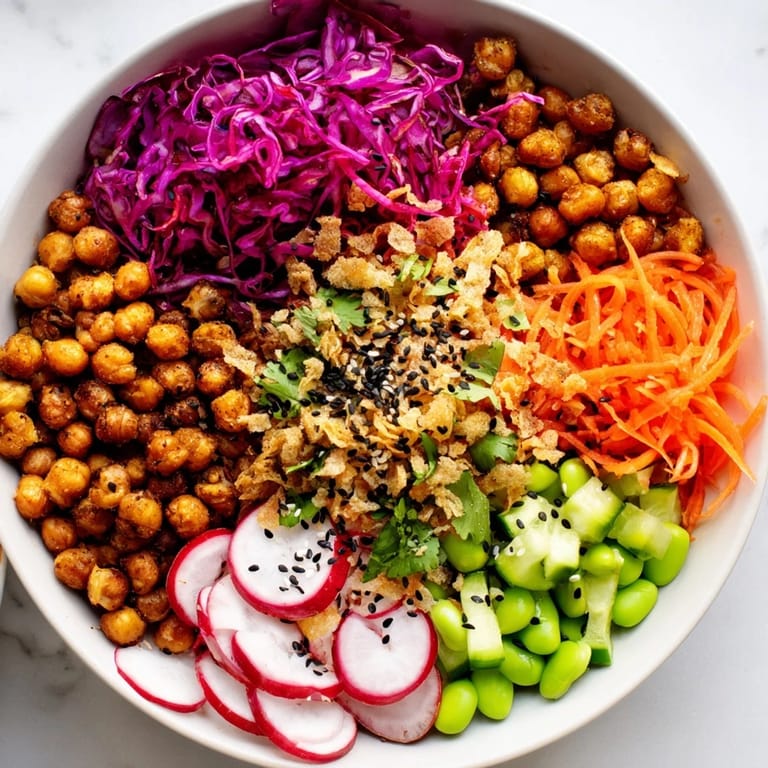 A deliciously layered ASMR Crunch Snack Bowl garnished with fresh herbs and spices.  