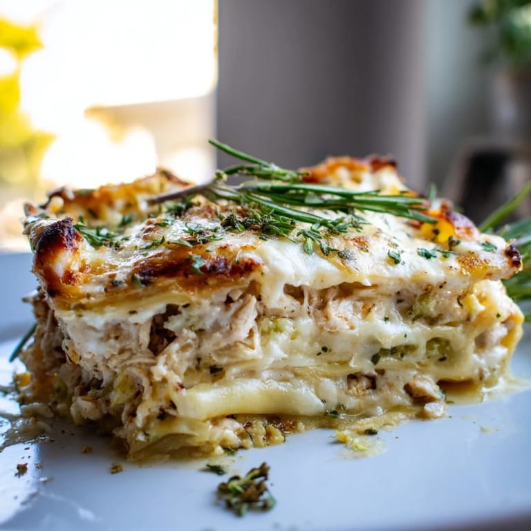 Savory rosemary chicken lasagna, melting mozzarella, and a crispy baked topping.