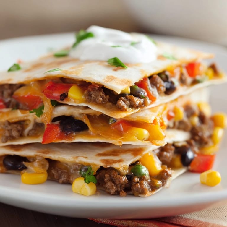 Golden Sheet Pan Quesadillas with Beef, melted cheesy layers, and a colorful veggie medley.  