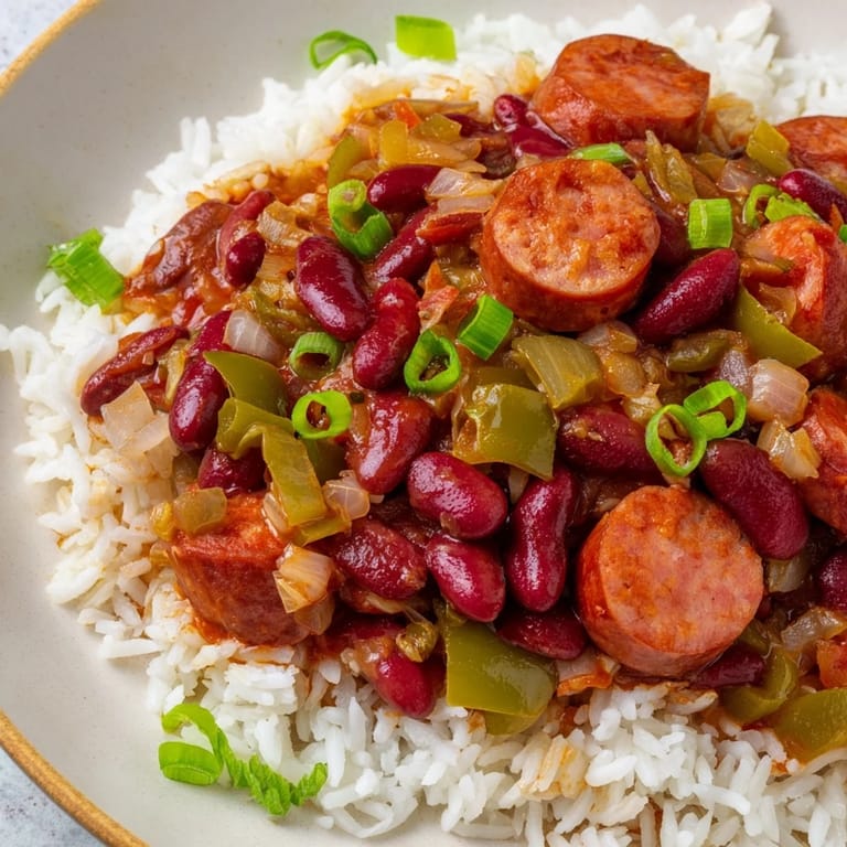Comforting red beans & rice simmered with smoky sausage and served hot.  