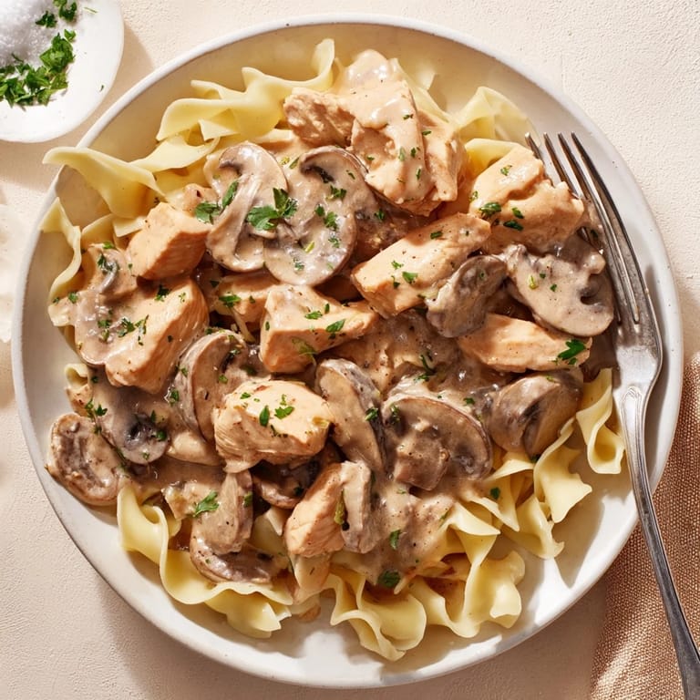 Delicious Creamy Chicken Stroganoff garnished with fresh parsley, perfect for comforting dinners.  