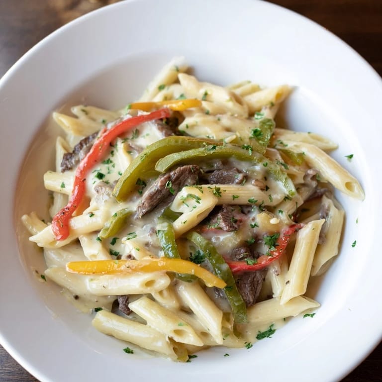Satisfying Philly Cheese Steak Pasta dish, featuring tender beef and colorful, fresh peppers.  