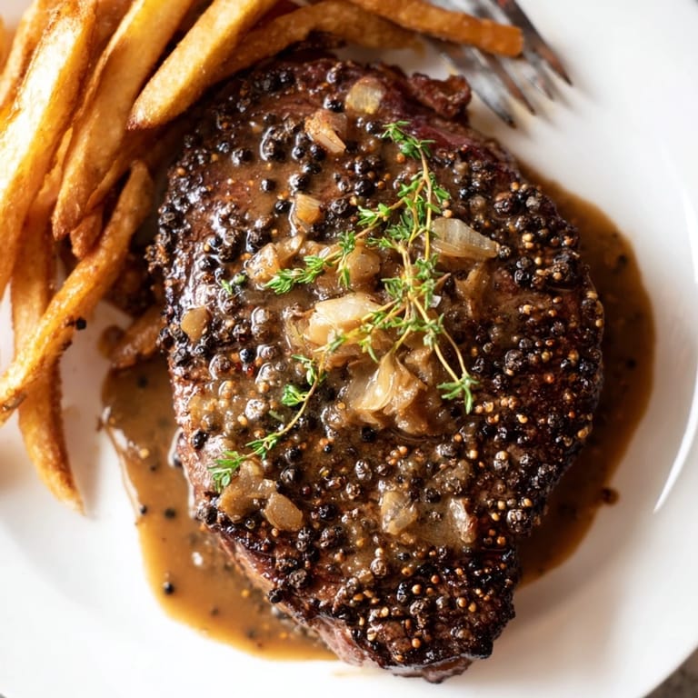 Flavorful Classic Peppercorn Ribeye, expertly seared, paired with delicious crispy fries.