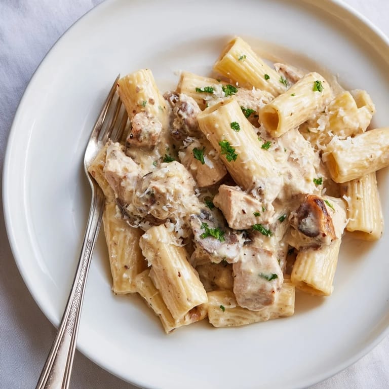 Delicious Creamy Garlic Parmesan Chicken Rigatoni perfect for cozy weeknight dinners.  