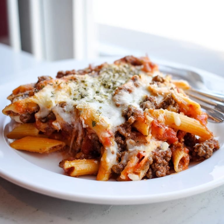 A comforting Cheesy Beef & Penne Bake baking in a rustic dish, perfect for potlucks.