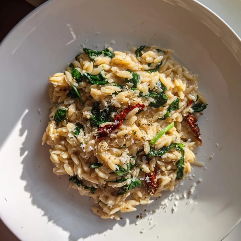 Savor the flavors! This Creamy Tuscan Orzo Bowl showcases a beautifully plated, vegetarian delight.