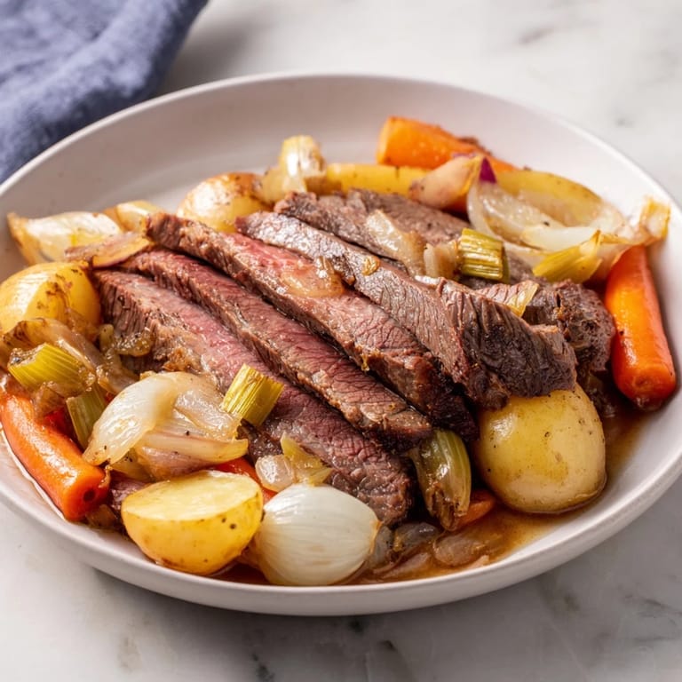 Close-up of a hearty Sunday Pot Roast with melting beef, seasoned veggies, and a rich gravy.