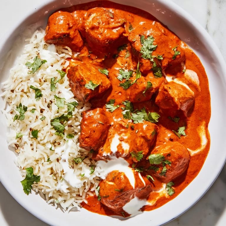 Butter Chicken & Rice Pilaf, featuring tender chicken in a vibrant tomato sauce served alongside aromatic basmati.