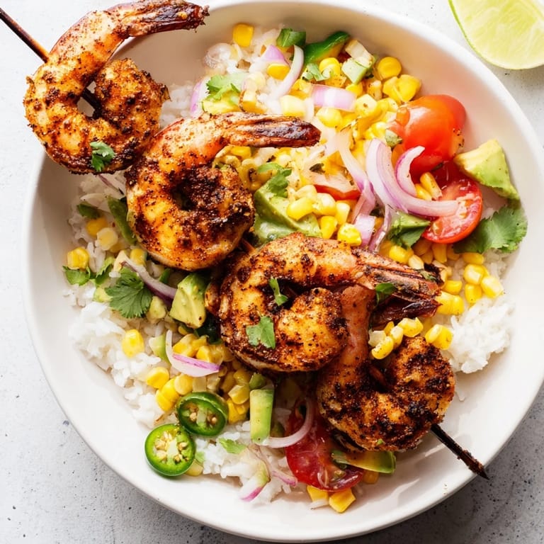Vibrant photo of the easy grilled shrimp bowl, showing tender shrimp atop fluffy rice with fresh salsa.