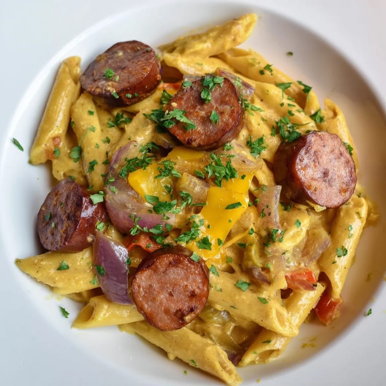 A steaming bowl of Smoked Sausage & Cheddar Pasta Bake, with perfectly melted cheese topping.