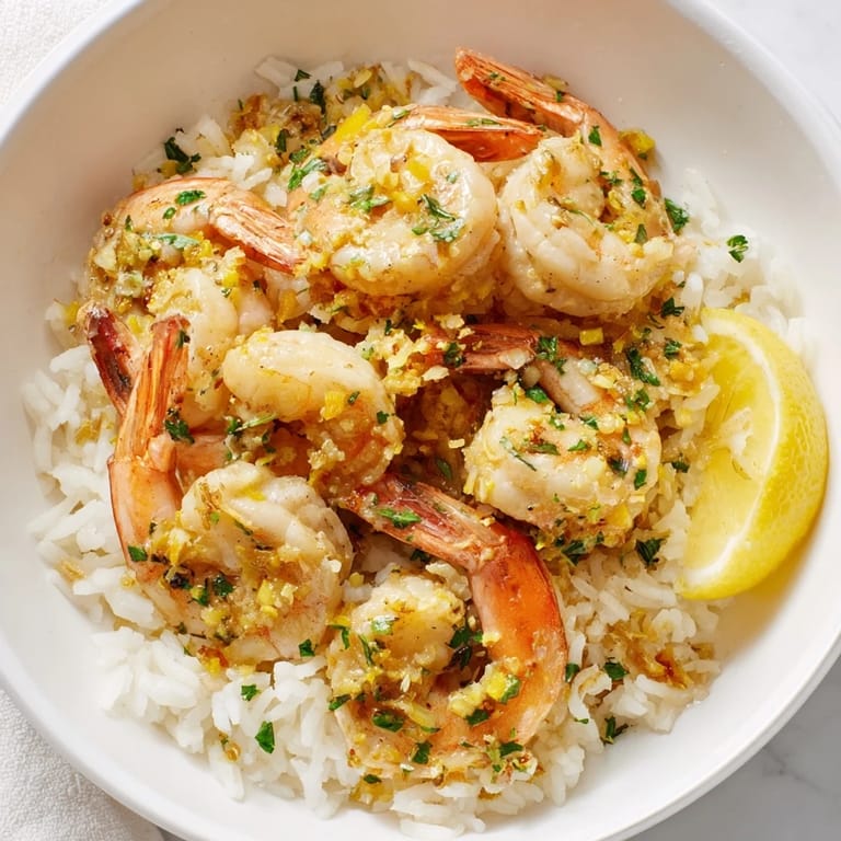 Golden garlic butter coats plump shrimp in a Garlic Butter Shrimp Rice Bowl, garnished with fresh parsley.