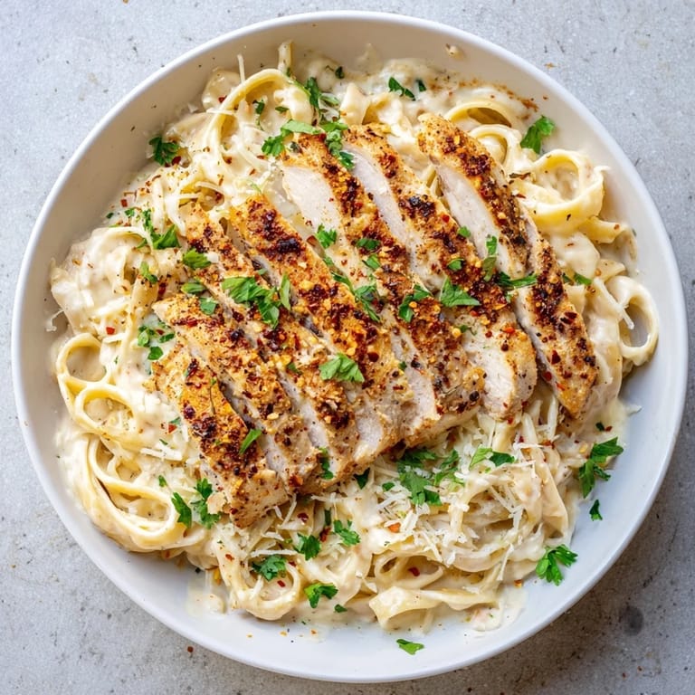 This photo features a steaming bowl of flavorful Cajun Chicken Alfredo ready to be enjoyed.