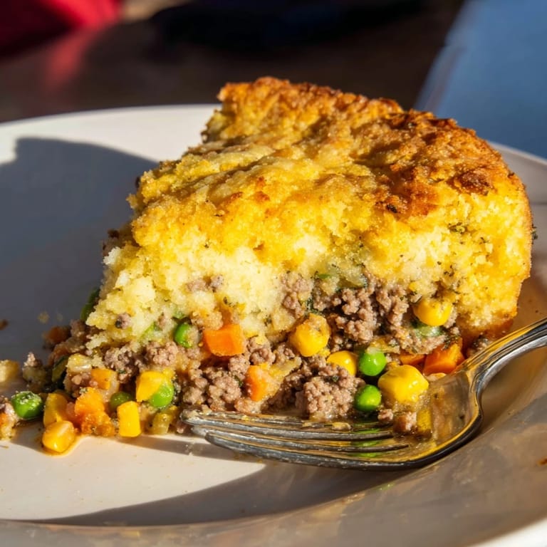 A warm, comforting view of Cornbread Crusted Beef Pie, showcasing a hearty family meal.
