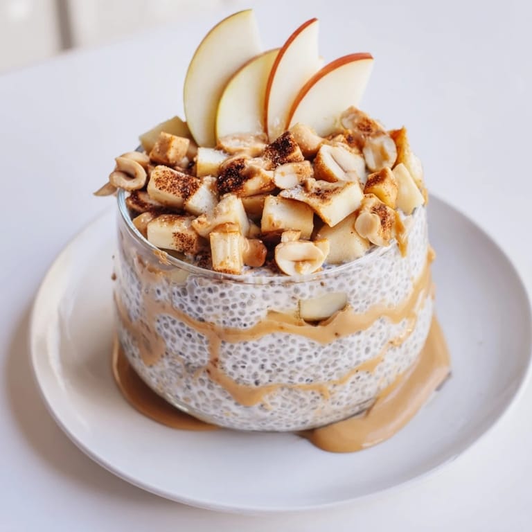 Enjoy this vibrant close-up of Apple-Chia Pudding with Peanut Butter, ready to be scooped and devoured.