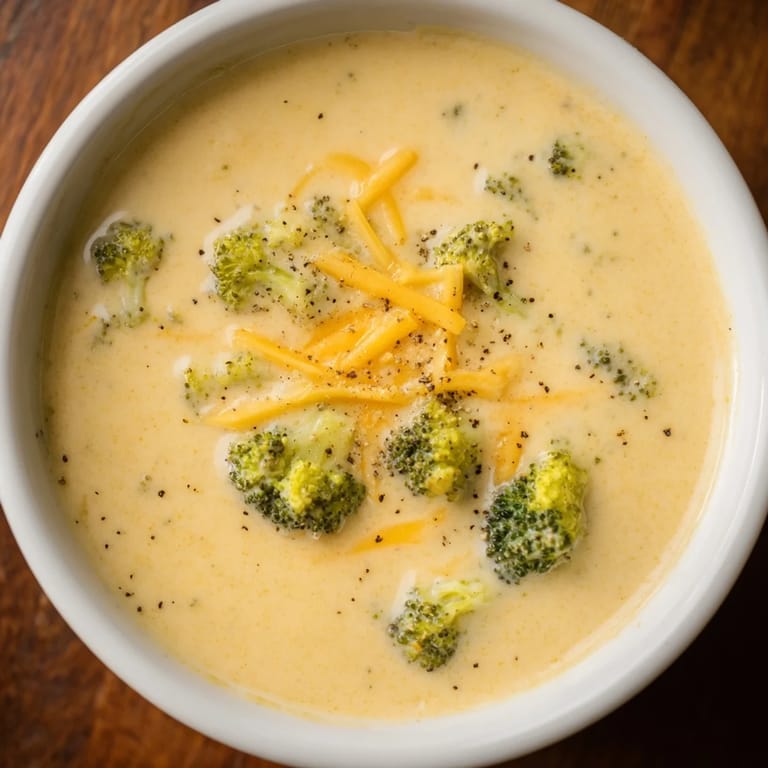 Beautiful, close-up view of homemade Broccoli Cheese Soup, a comforting vegetarian meal.