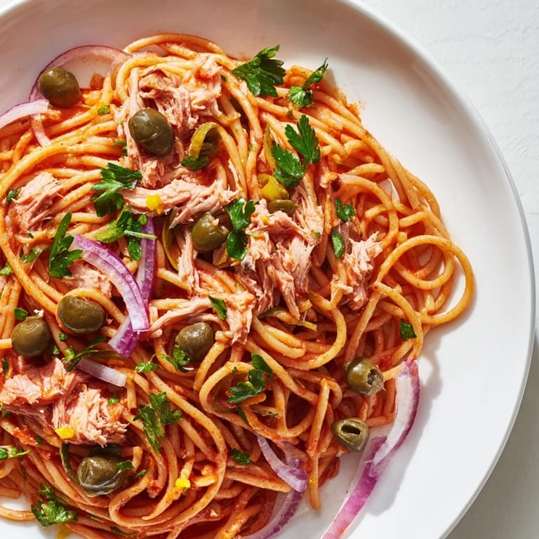 Savory pasta with tuna, olives and capers, tossed in rich tomato sauce, a vibrant pescatarian delight.