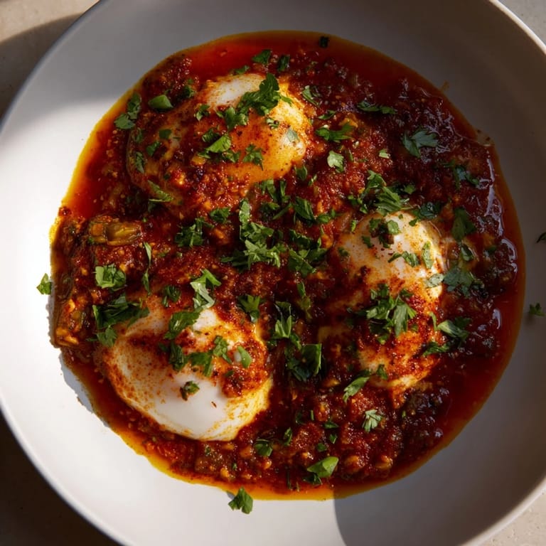 Enjoy fresh parsley sprinkled over this delicious Shakshuka, a Middle Eastern-inspired dish perfect for brunch.