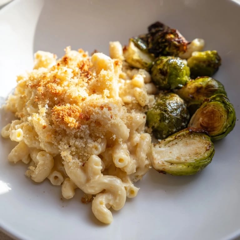 A close-up view of creamy Sheet Pan Mac and Cheese, showcasing the perfectly browned panko topping.