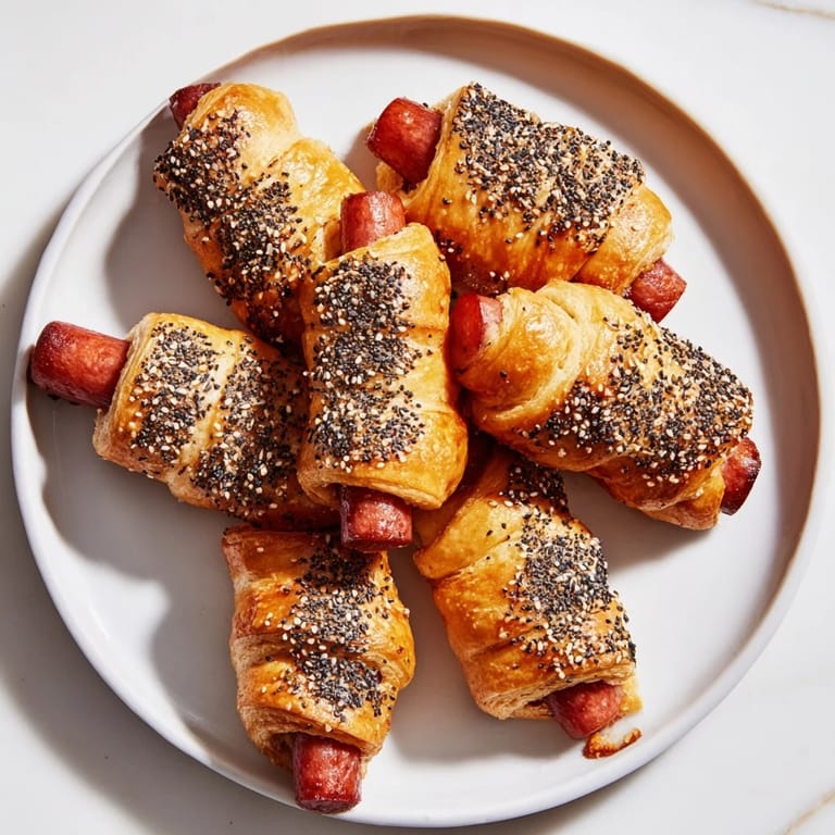 Warm, delicious Everything Bagel Pigs in a Blanket: a perfect party appetizer with sausages.