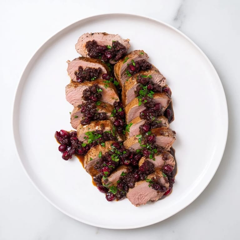 Savory tart cherry date glazed pork tenderloin; ready to enjoy, with a glossy, rich dark glaze.