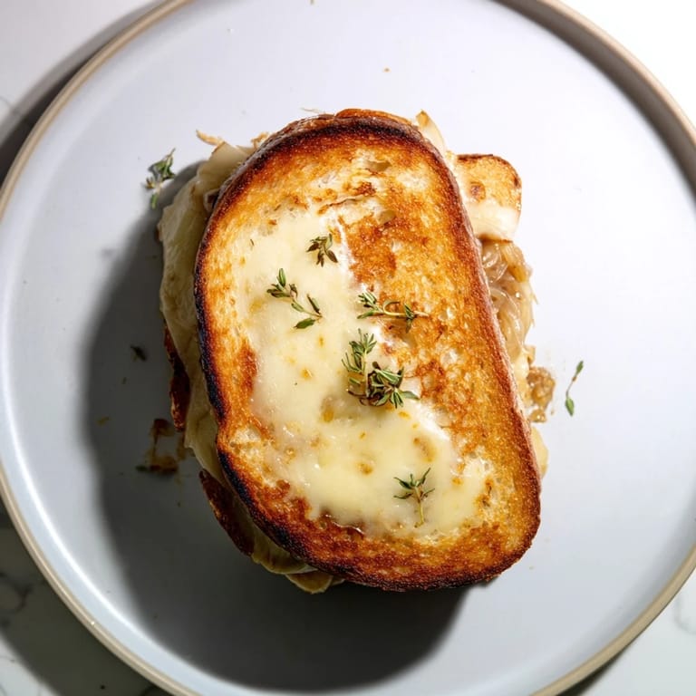 A close-up of a delicious French Onion Grilled Cheese, with toasted bread and bubbly, melted cheese.
