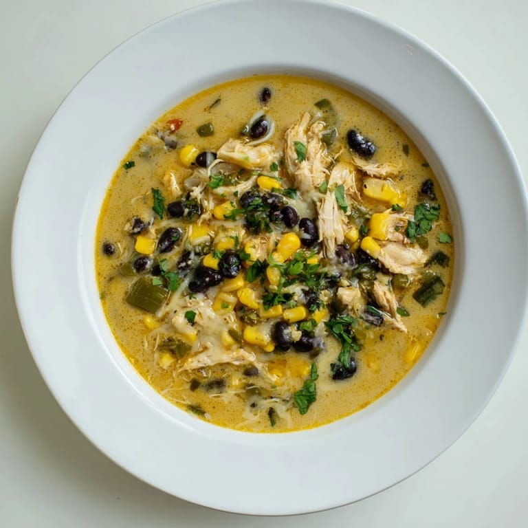 Creamy Chicken Poblano Soup: a close-up shows tender chicken, peppers, and beans in a rich broth.