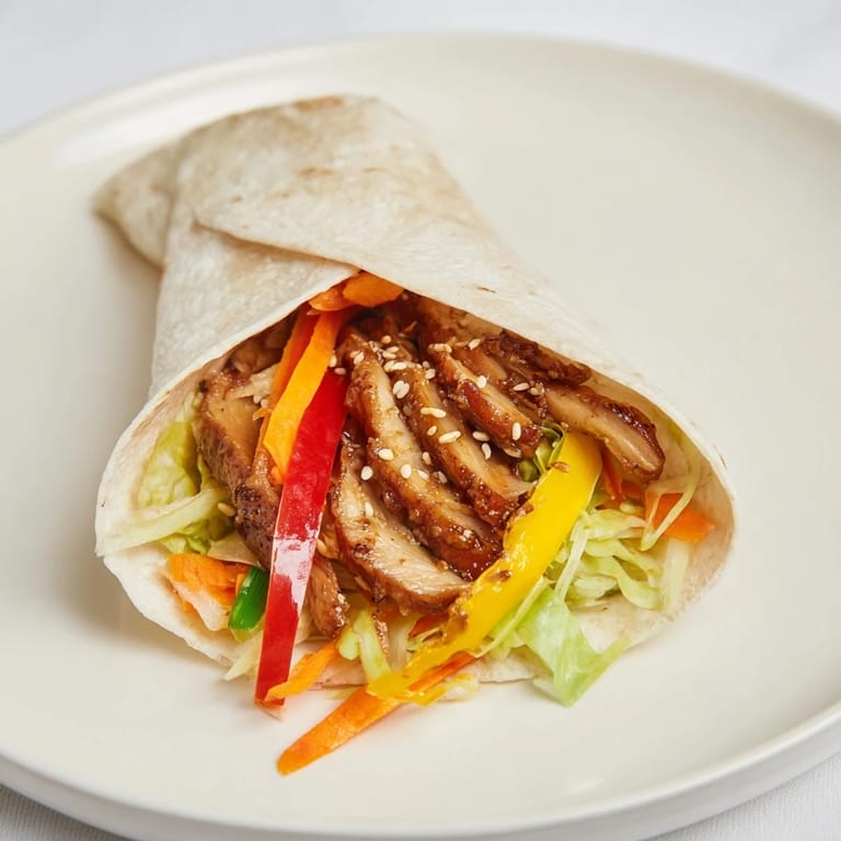 A fresh, homemade teriyaki chicken wrap presents juicy chicken and vibrant fillings, perfect for lunch.