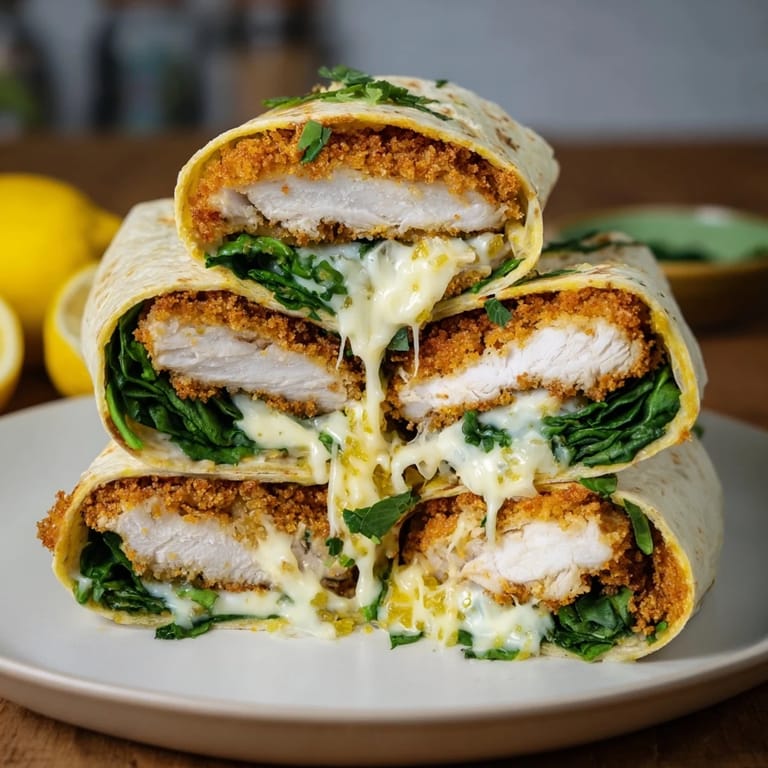 Enjoy a close-up of a Chicken Piccata Crunch Wrap, ready to eat, with melty cheese and fresh spinach.