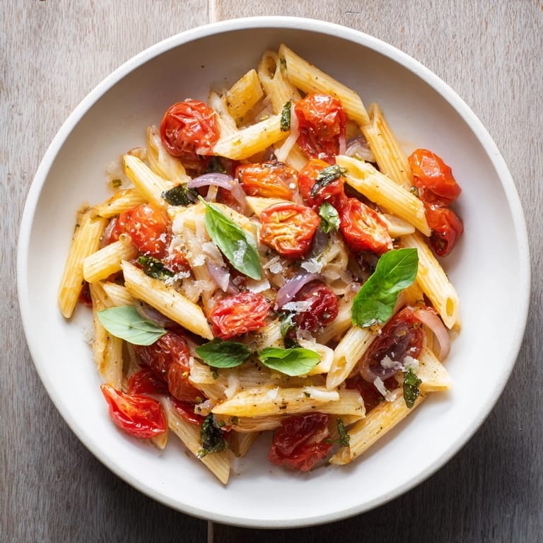 Close-up of bubbling baked tomato & olive oil pasta, served with Parmesan for a flavorful dinner.