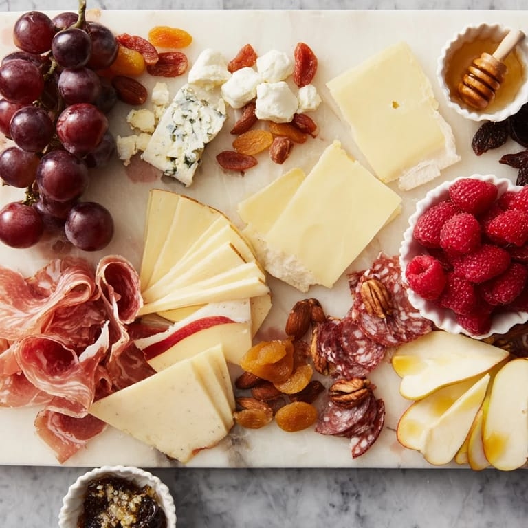 A delicious Lace & Pearls Elegant Board shows off artisan cheeses, charcuterie, and fresh fruit delights.