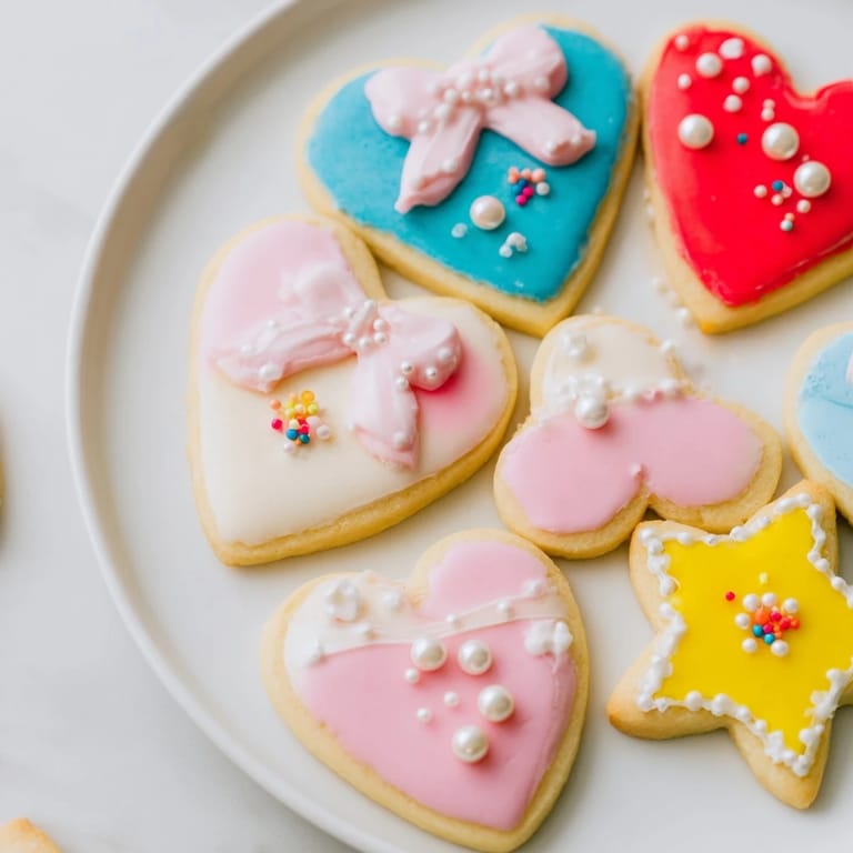 Close-up of freshly iced Pretty Bows Heart & Star Cookies, showcasing various colors and festive decorations.