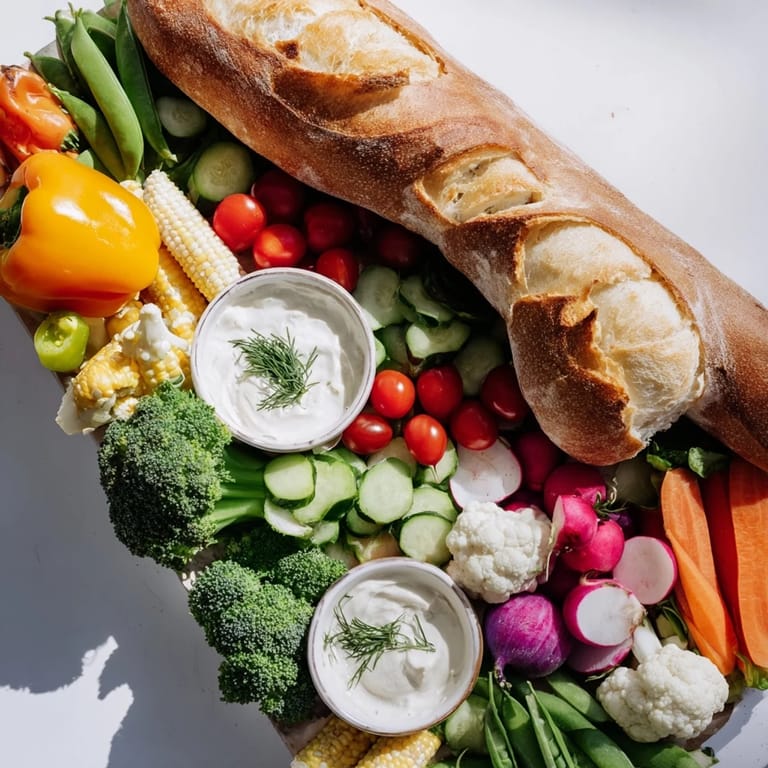 A beautiful Cornucopia Veggie Board overflowing with fresh, crisp veggies and creamy dips ready to enjoy.