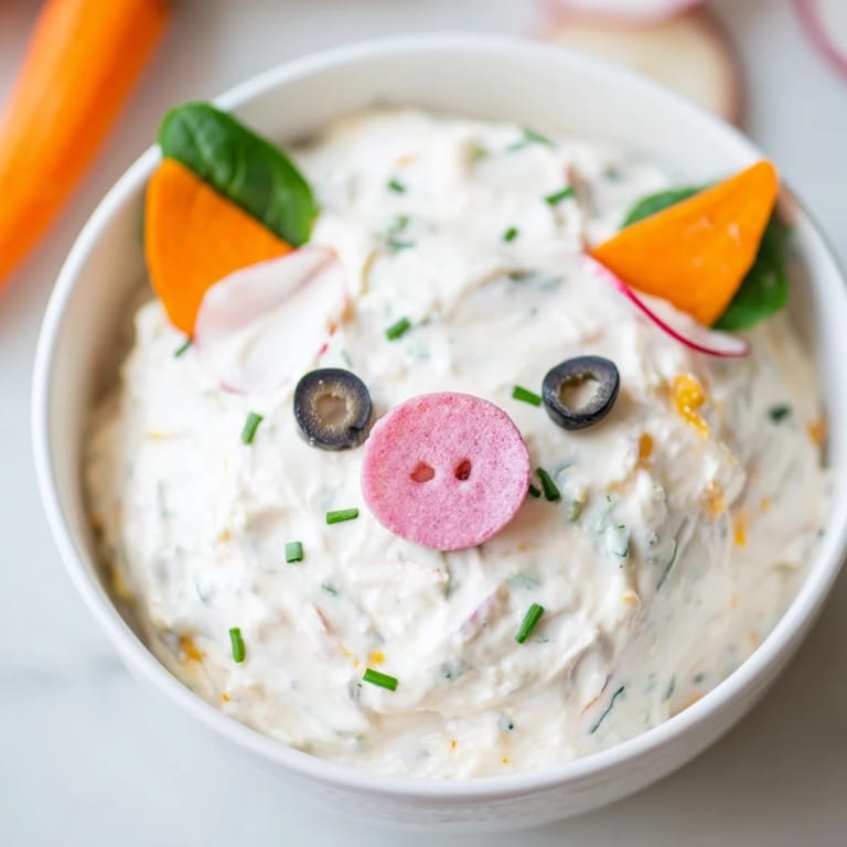 Fresh carrot sticks and more accompany the piggy face dip bowl, a festive American appetizer.