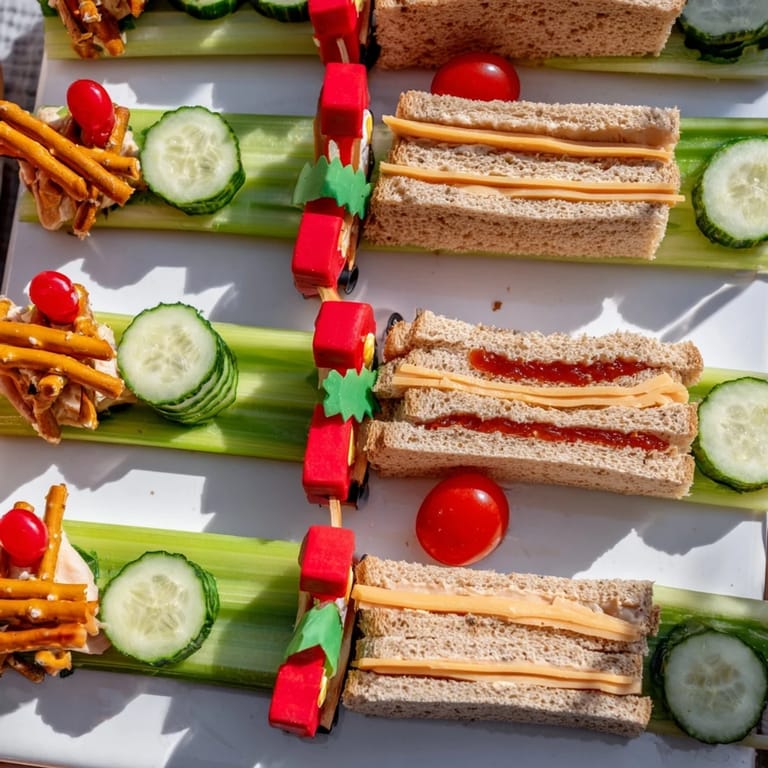 Kids will love this Train Track Sandwich Board: delicious sandwiches cleverly constructed like a real train!