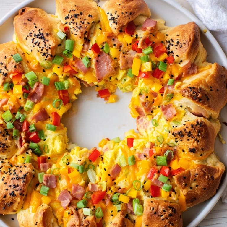 This savory Wreath-Shaped Egg and Ham Bake offers a delicious, shareable American brunch centerpiece.