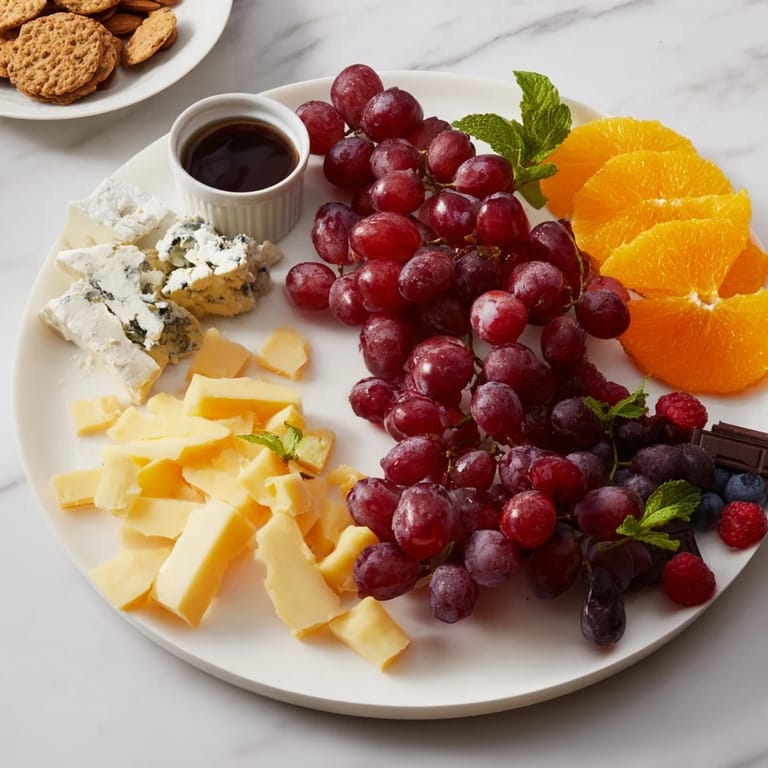 This Grapes of Fortune dessert board features vibrant grapes, chocolate, and flavorful cheeses for a festive celebration.
