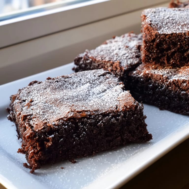 Close-up of baked brownie squares with a light powdered sugar dusting for a perfect dessert.