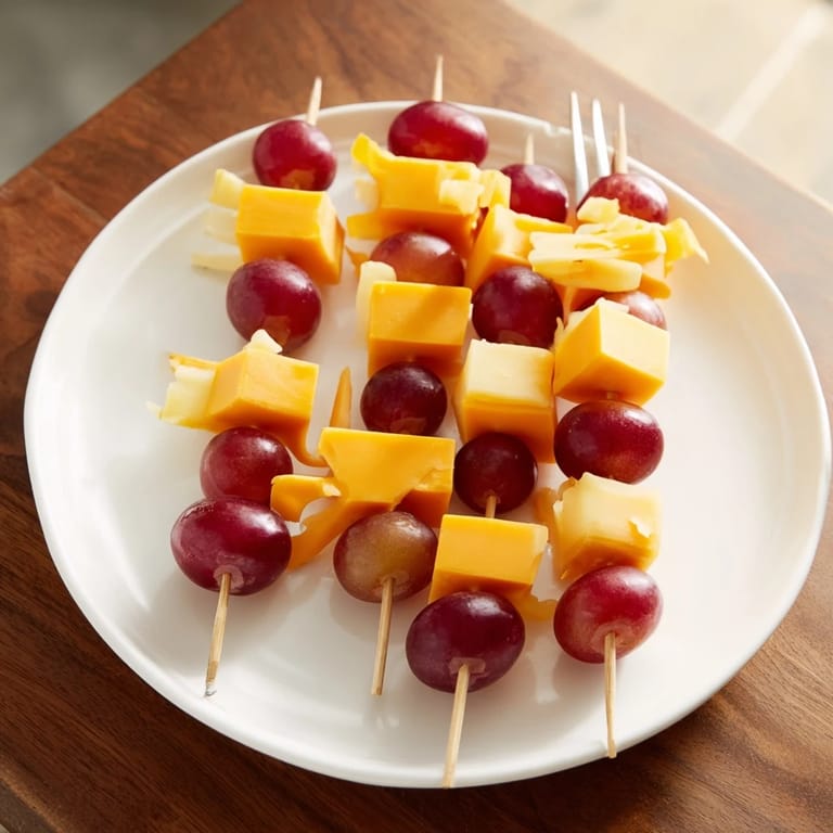 Colorful cheese and grape skewers offer a delicious combination of salty cheese and sweet grapes.