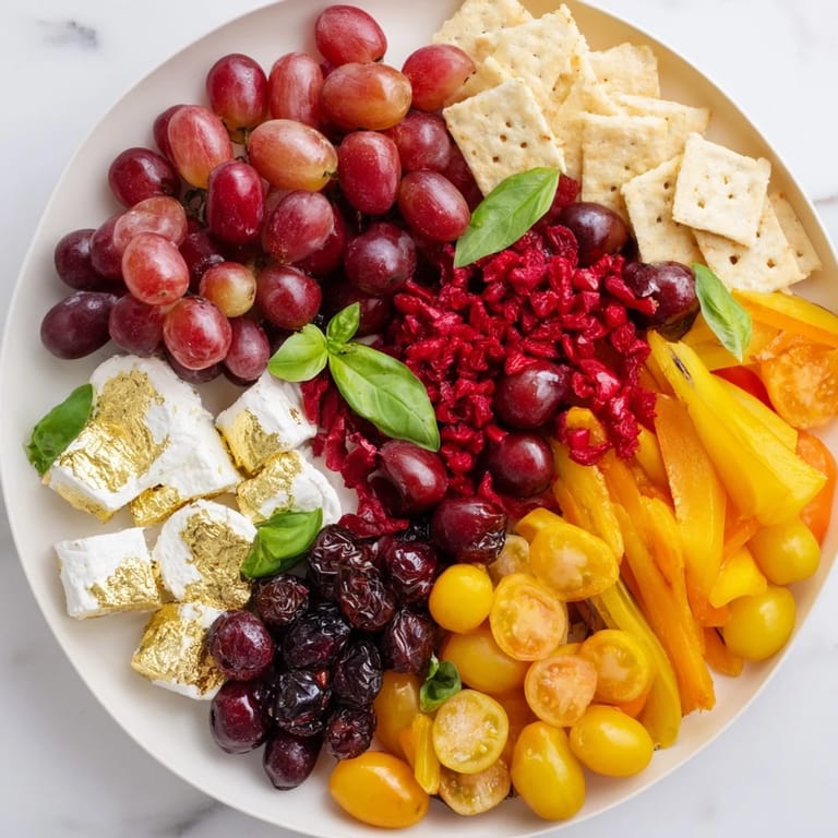 Vivid Crimson & Gold Gala appetizer spread: showcasing red wine cheese complementing roasted yellow peppers and crackers.