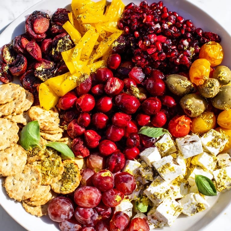 Beautifully arranged Crimson & Gold Gala platter includes juicy grapes with gouda and gold-leaf crackers.