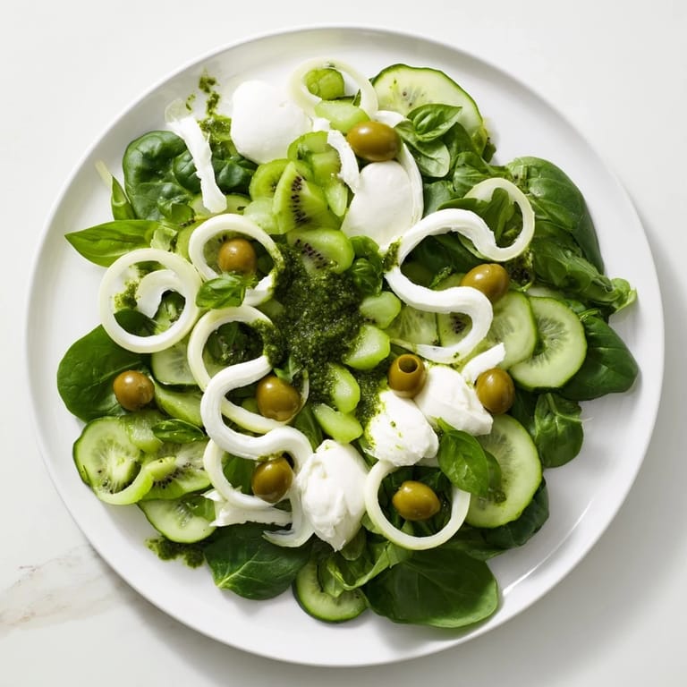 This inviting Emerald Isle Greenscape salad combines fresh greens, fruits, and a pesto dressing.