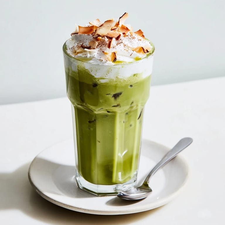 A refreshing glass of Toasted Coconut Gingerbread Iced Matcha with toasted coconut garnish, perfect for a treat.